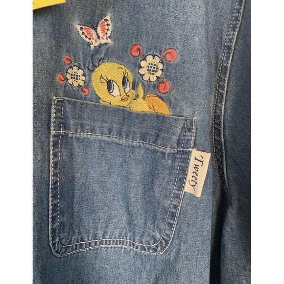 Warner Bro Looney-Tunes 1998 Chambray Embroidered Denim Button Up Shirt 26W/28W - Picture 2 of 9